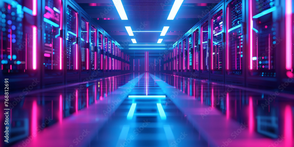 Poster a data center with rows of virtual machines, computer networking server room in office