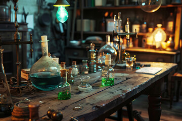 Fototapeta na wymiar The old lab. The table of the alchemist. Laboratory table, stained with chemicals and poisons 