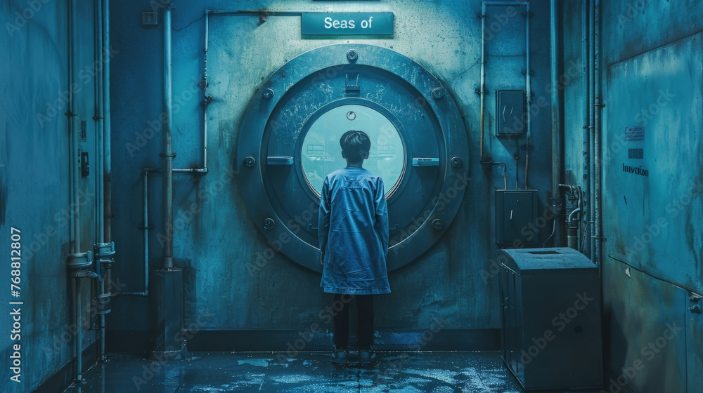 Poster a man is standing in front of a machine in a room, observing or working on the apparatus