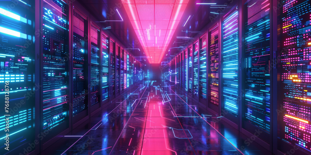 Poster a data center with rows of virtual machines, computer networking server room in office