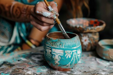 Obraz na płótnie Canvas Paint a ceramic mug with a brush. Hobby. modern traditional, handicraft, handicraft paint pot hands close