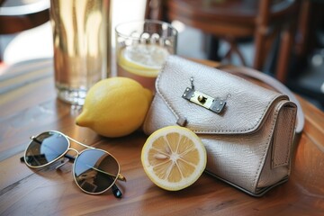 Fototapeta na wymiar small purse with a lemon and sunglasses on caf table