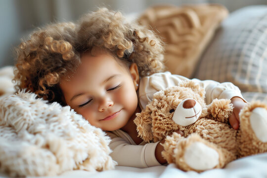 A charming little ethnic girl with currly hair sleeps serenely, gently hugging a soft teddy bear, the concept of sleep and rest, healthy lifestyle and development