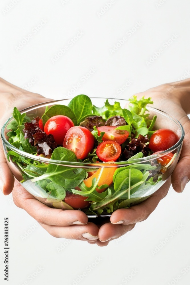 Sticker tomato top boiled egg in style of salad avocado, chickpea salad, fruits salads