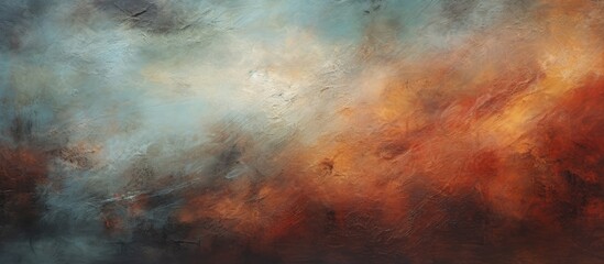 An abstract oil painting depicting a sky dominated by an array of fluffy white clouds, stretching across the canvas in various shapes and sizes. The clouds seem to be moving across the sky, creating a