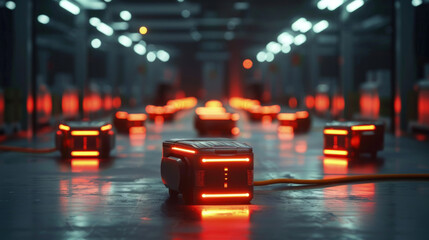 A collection of bright red lights shining on the floor, creating a vibrant and eye-catching display