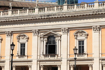 Palazzo Nuovo Facade Close Up at Campidoglio Square in Rome, Italy