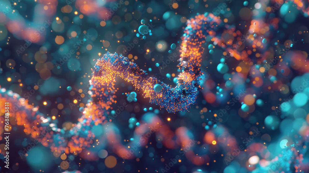 Poster a vivid representation of a dna double helix composed of luminescent particles against a bokeh backg