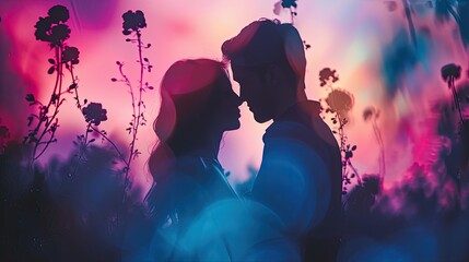 A couple is kissing in a field of flowers