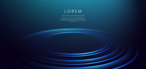 Abstract blue circles lines and lighting glowing particles on dark blue background.