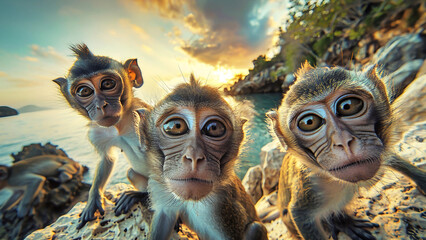 Monkeys sitting atop rocks on a beach