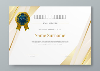White blue and gold vector flat and gradient modern certificate template for corporate or awards. For appreciation, achievement, awards diploma, corporate, and education
