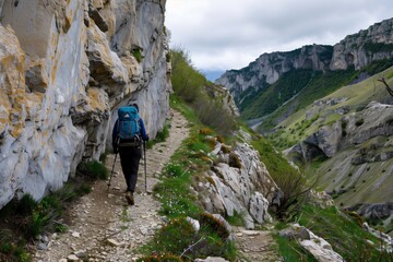 Fototapeta premium hiker navigating a narrow mountain trail with caution