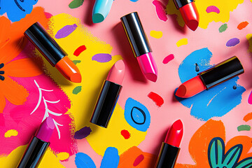 Variety of open lipsticks on a colorful, paint-splattered background