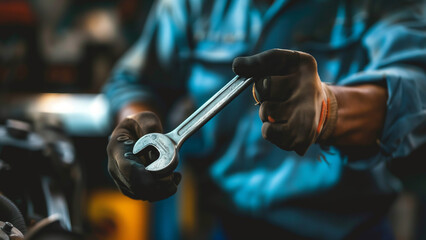 An auto mechanic at a car service center, holding a wrench, with a blurred background - obrazy, fototapety, plakaty