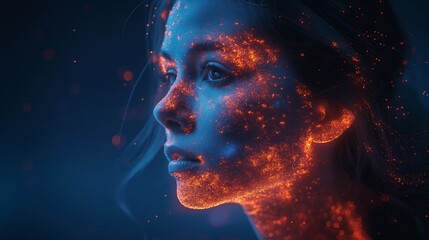 Quantum reality. A face of girl with burning skin. Blue background. Future technology concept. Game virtual reality. Selective focus. Copy space. 
