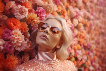 Portrait of a beautiful girl in sunglasses next to flowers