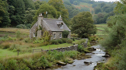 Fototapeta na wymiar This image captures a quaint stone cottage with a river flowing gently beside it, surrounded by the rich greenery of a serene landscape