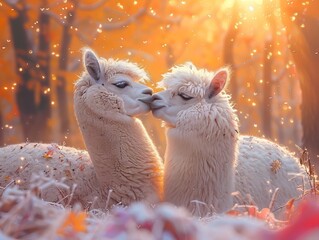 Naklejka premium Two cute Alpacas Kiss Each Other