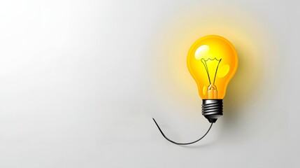A light bulb is drawn on a white background with a yellow light bulb. The light bulb is lit up and has a bright, glowing appearance. Concept of inspiration and creativity