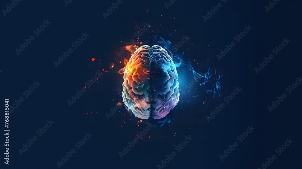 Poster a brain with red and blue colors. the brain is shown in a 3d format, the brain is lit up with neon l