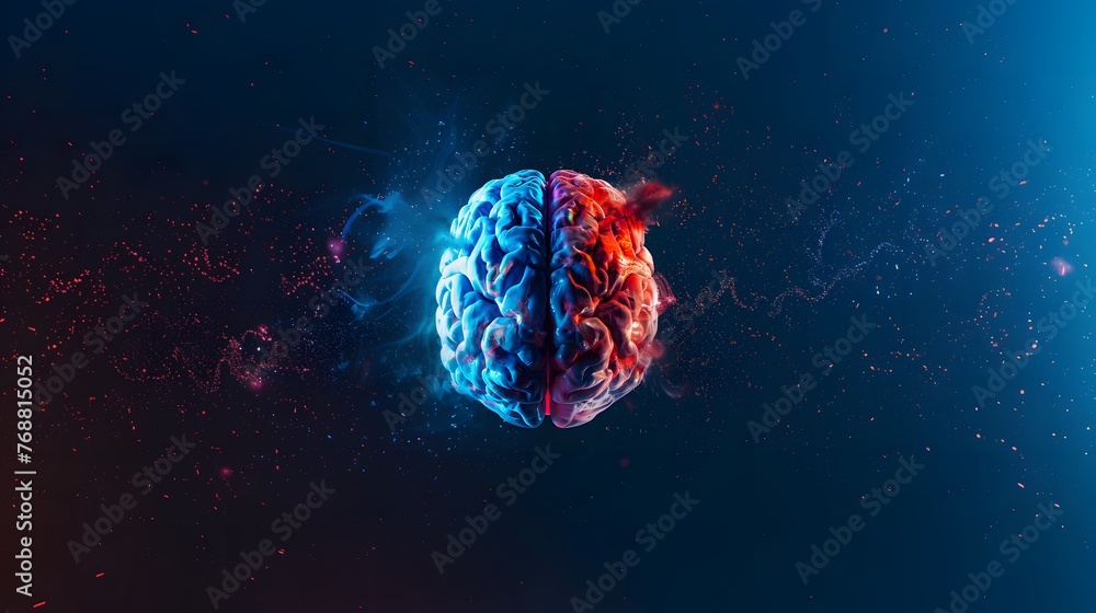 Aufkleber a brain with red and blue colors. the brain is shown in a 3d format, the brain is lit up with neon l