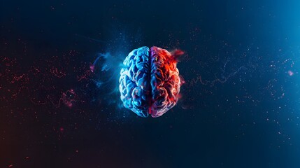 A brain with red and blue colors. The brain is shown in a 3D format, The brain is lit up with neon lights. Generative AI