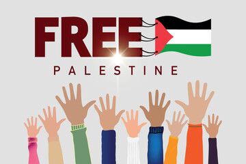 People raising hands. Text Free Palestine typography with Palestine National waving Flag. flat vector illustration.