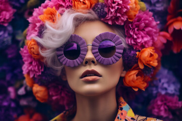 Portrait of a beautiful woman wearing creative design sunglasses with flowers in the background