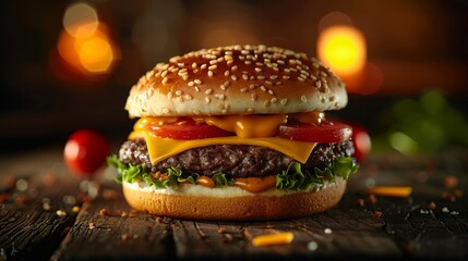 Delicious cheeseburger with sesame bun and fresh ingredients