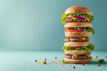 Giant festive hamburger tower with colorful sprinkles on a clear background
