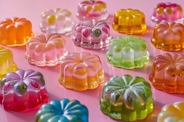 Colorful handcrafted jelly candies on pink background, artisanal sweets close-up