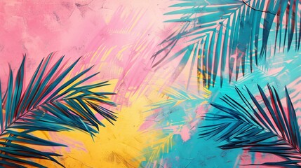 Fototapeta na wymiar Pop art minimalism with dramatic, vibrant pastel Caribbean colors and palm fronds. Very colorful and impactful