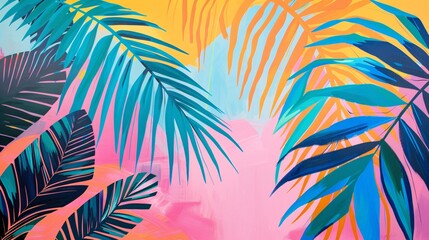 Fototapeta na wymiar Pop art minimalism with dramatic, vibrant pastel Caribbean colors and palm fronds. Very colorful and impactful