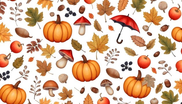Lovely hand-drawn Thanksgiving seamless pattern with pumpkins and sunflowers, great for textiles, table cloth, wrapping, banners, wallpapers 