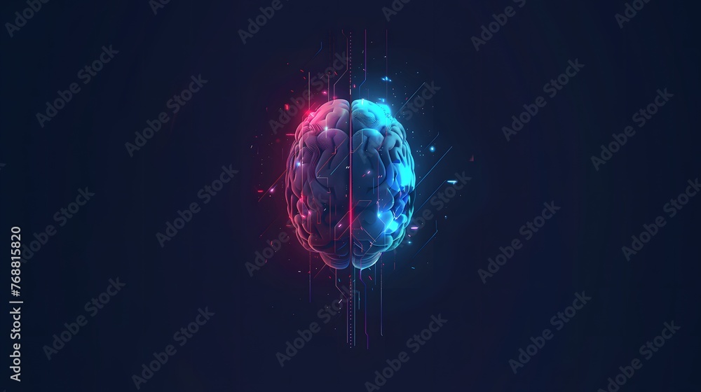 Poster a brain with red and blue colors. the brain is shown in a 3d format, the brain is lit up with neon l