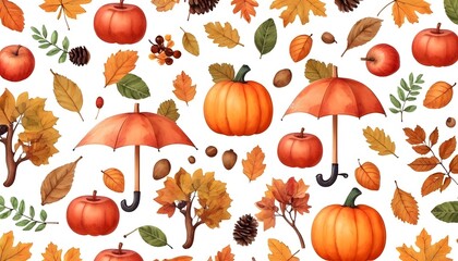 Seamless pattern of bright multicolored Halloween pumpkins, leaves, acorns, apples, umbrellas, mushrooms, and berries.