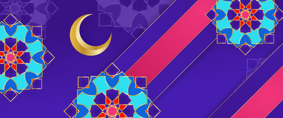 Pink blue and purple violet ramadan kareem traditional islamic festival religious banner with lamp and mandala ornament. For greeting card, advertising, discount, poster, background and banner