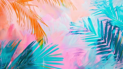 Pop art minimalism with dramatic, vibrant pastel Caribbean colors and palm fronds. Very colorful and impactful - obrazy, fototapety, plakaty