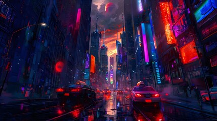 A cityscape with a red sun in the sky. The city is lit up with neon lights and the cars are driving on a wet road. The scene is energetic and vibrant