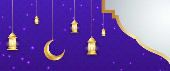 Gold white and purple violet ramadan kareem traditional islamic festival religious banner with lamp and mandala ornament. For greeting card, advertising, discount, poster, background and banner