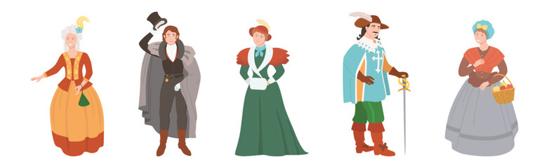 Man and Woman Character Wear Renaissance Traditional European Clothes Vector Set