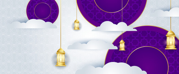 Gold white and purple violet vector islamic ramadan kareem modern simple ramadan banner with lamp and mandala ornament. For greeting card, advertising, discount, poster, background and banner