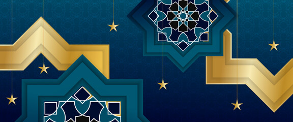 Blue and gold vector banner template for islamic ramadan celebration with lamp and mandala ornaments. For greeting card, advertising, discount, poster, background and banner