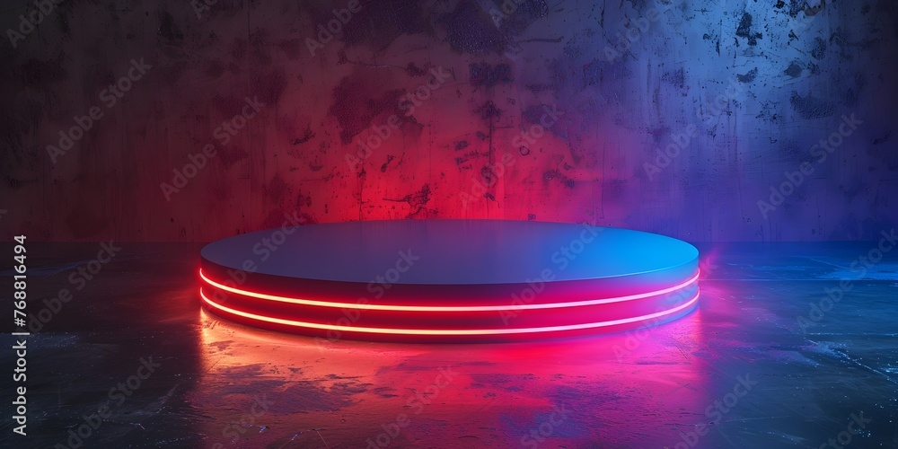 Poster neon lit cylindrical podium in a captivating dark setting futuristic display with alluring glow and 