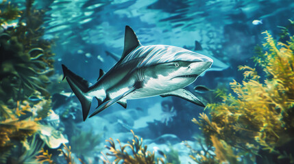 Naklejka premium Shark Swimming Near Coral Reef