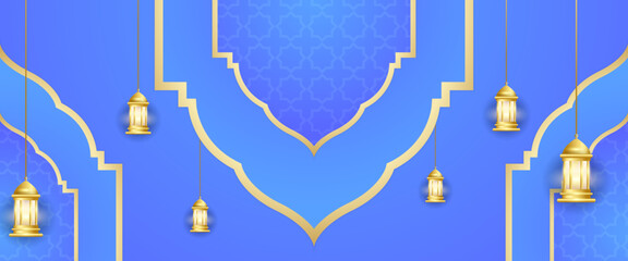 Blue and gold ramadan kareem traditional islamic festival religious banner with lamp and mandala ornament. For greeting card, advertising, discount, poster, background and banner