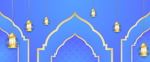 Blue and gold vector banner template for islamic ramadan celebration with lamp and mandala ornaments. For greeting card, advertising, discount, poster, background and banner