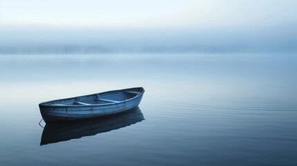 An evocative image capturing a lone boat amidst the gentle ripples of a mist-enshrouded lake at...