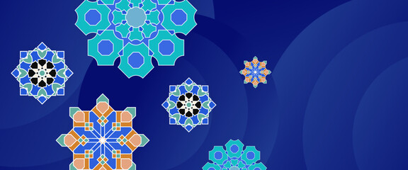 Orange and blue vector islamic ramadan kareem modern simple ramadan banner with lamp and mandala ornament. For greeting card, advertising, discount, poster, background and banner
